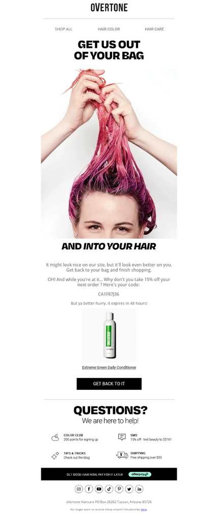 Example of an abandoned cart email featuring product images, a discount code, and a strong call to action.
