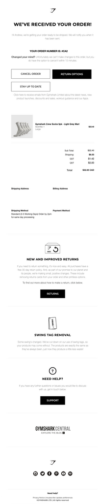 Gymshark's Order Confirmation Email