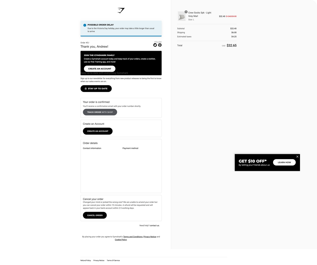 Gymshark's thank you page