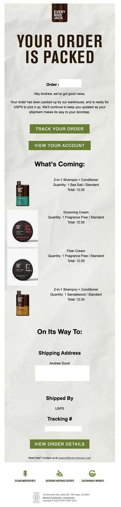 Every Man Jack's Order Shipment Email