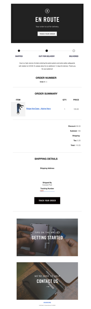 Ridge's Order Shipment Email