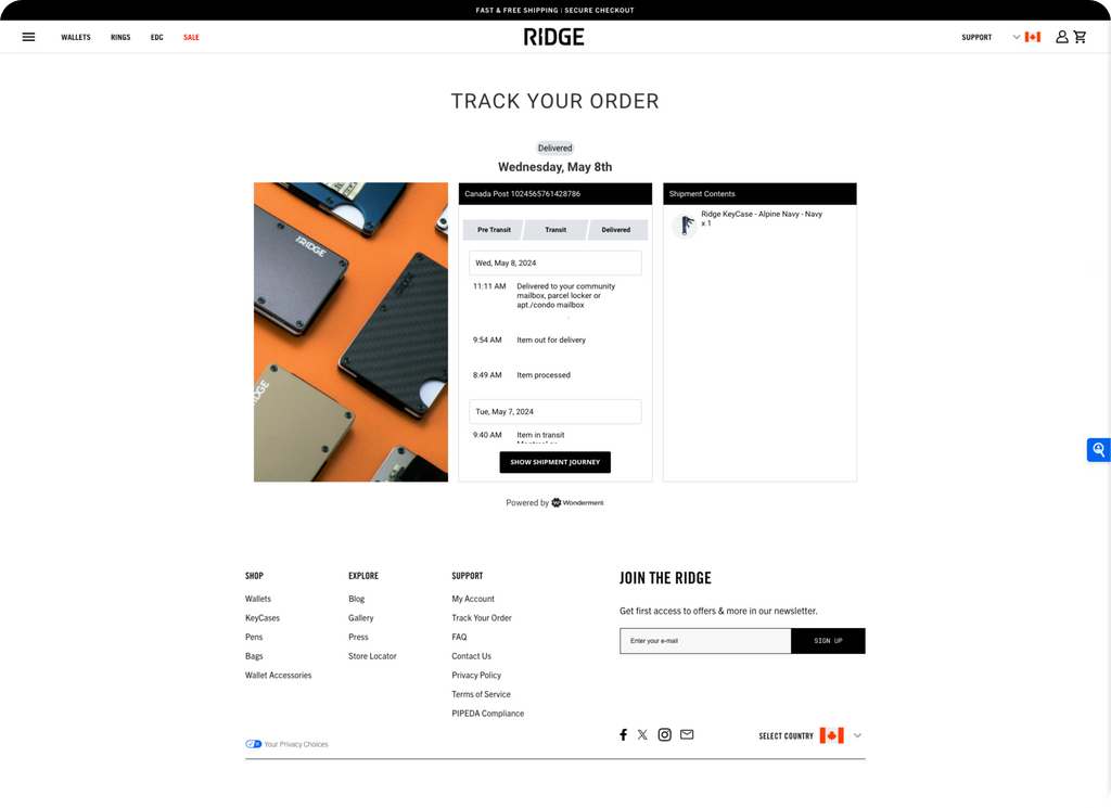 Ridge's Order Tracking Page