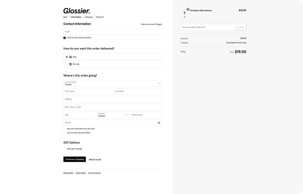 Glossier's One Page Checkout