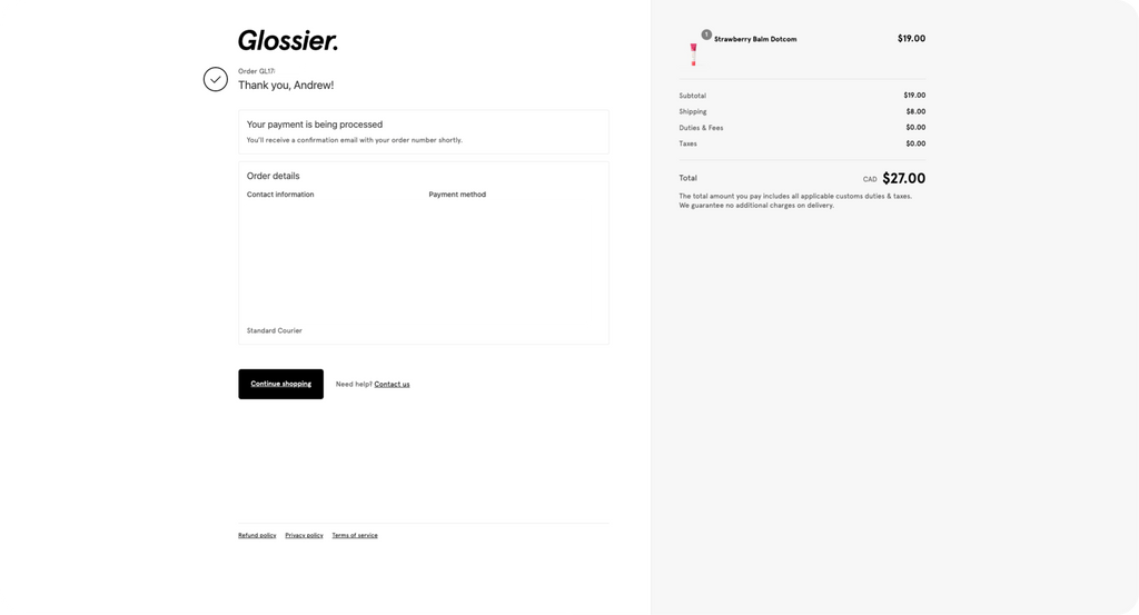 Glossier's Checkout Thank You Page