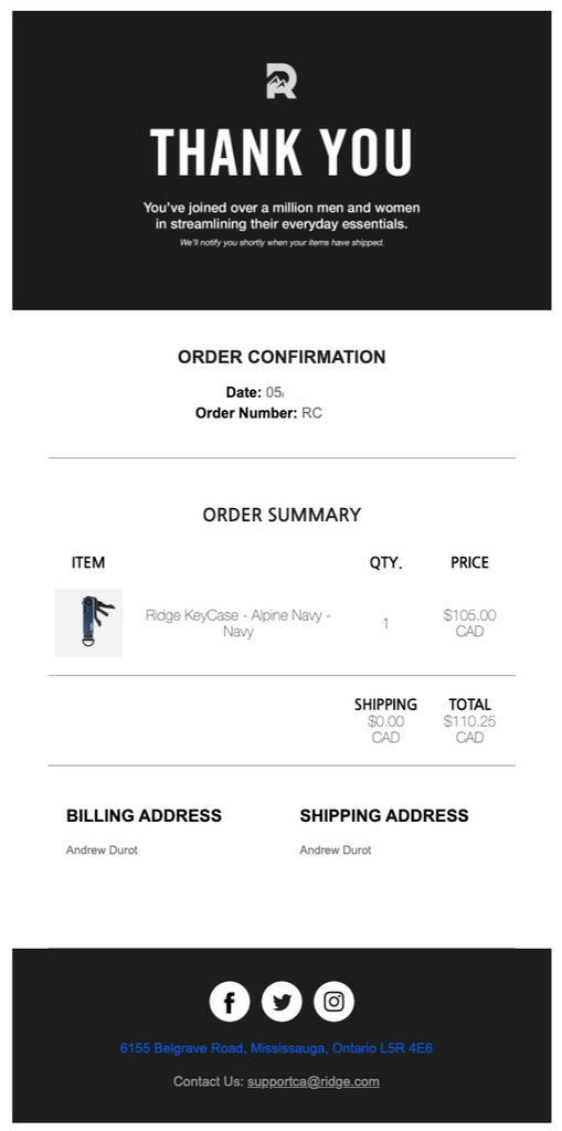 Ridge's Order Confirmation Email