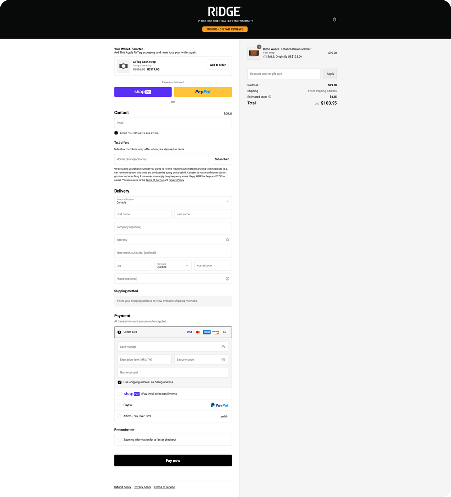 Ridge's Website Checkout Flow