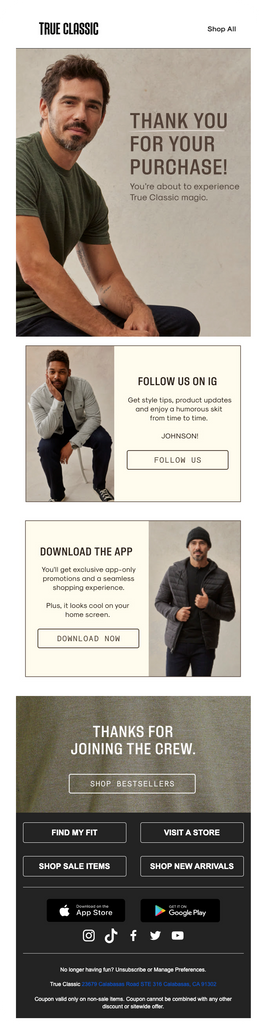 True Classic's Order Confirmation Email