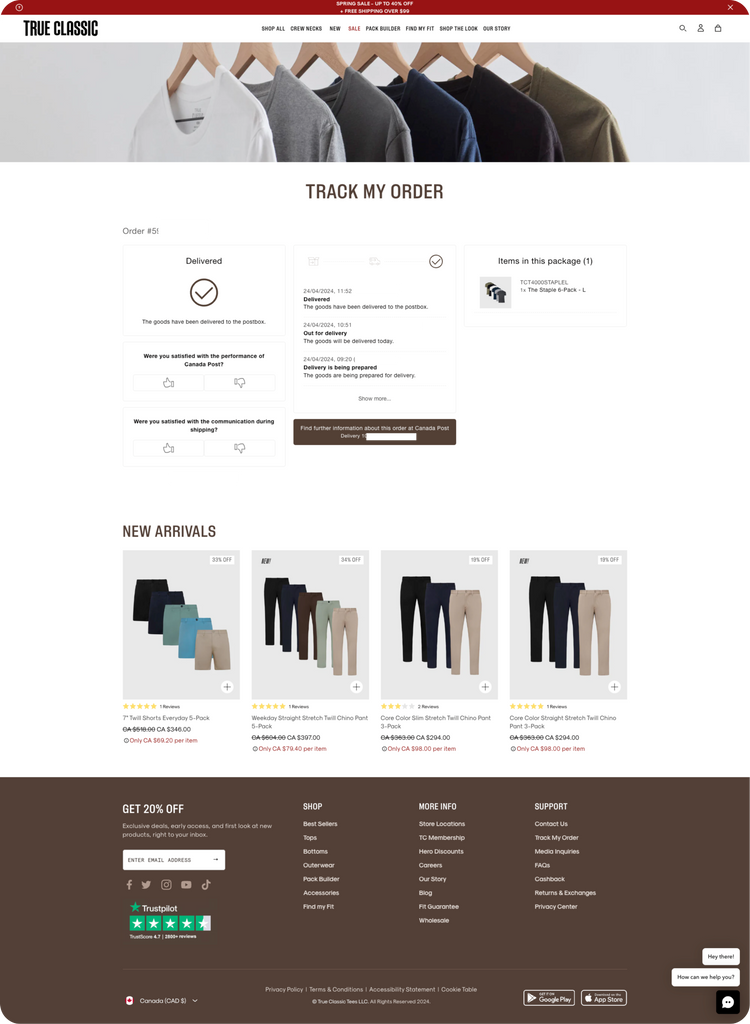 True Classic's Order Tracking Page