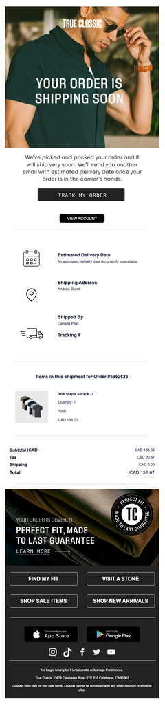 True Classic's Order Shipment Email