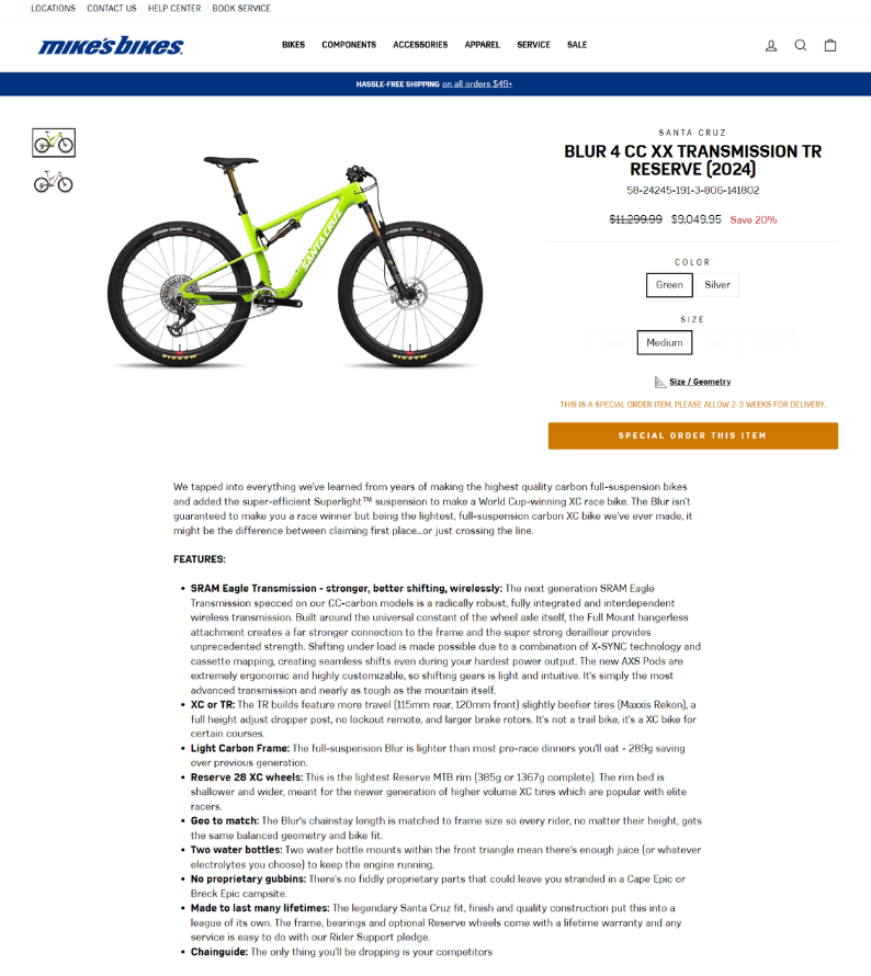 Mikes Bikes Example of a High-Converting Product Description