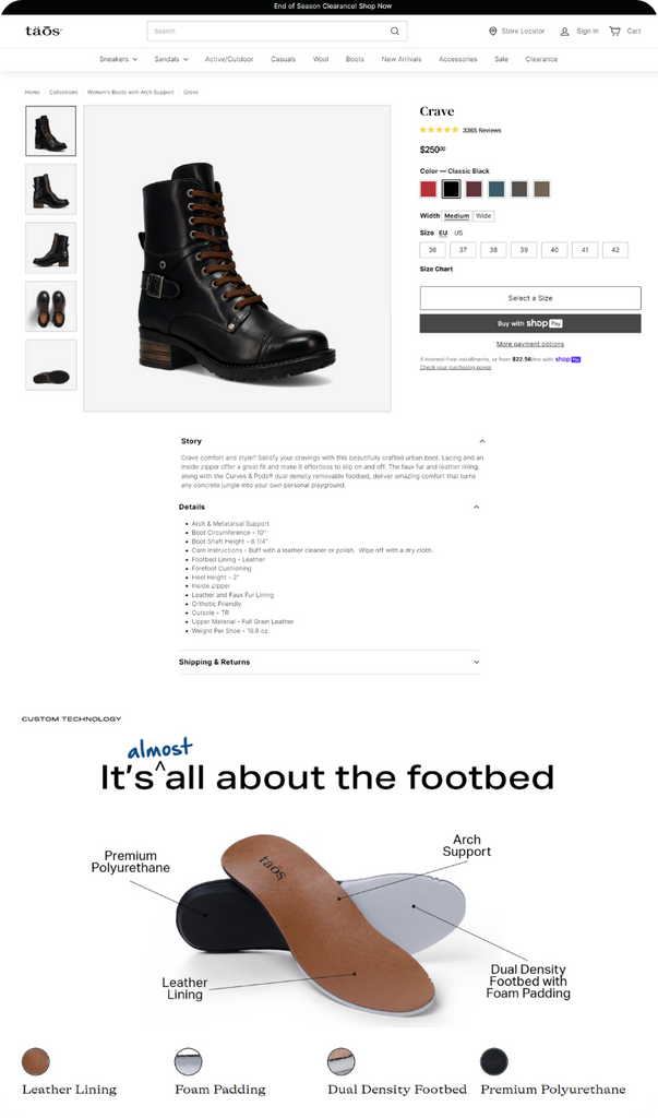 Taos Footwear Example of High-Converting Product Description